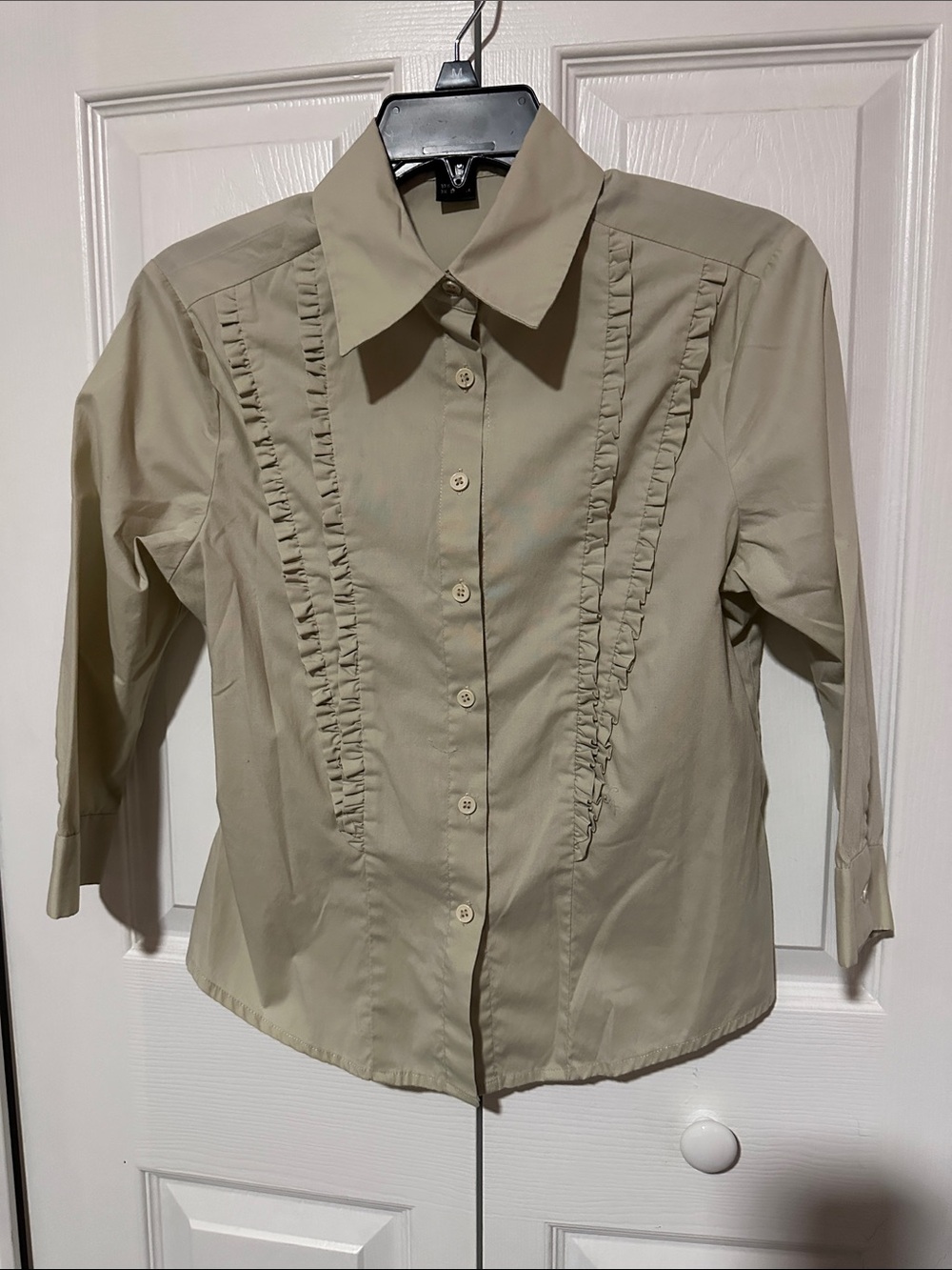 Agenda Khaki Ruffle-Trim Button-Down Shirt